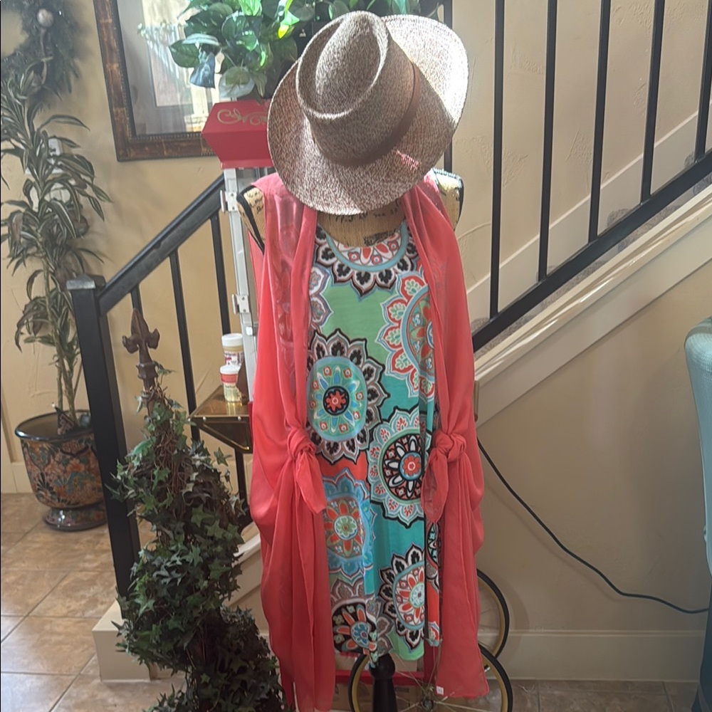 Floral Patterned Dress with Coral Shawl